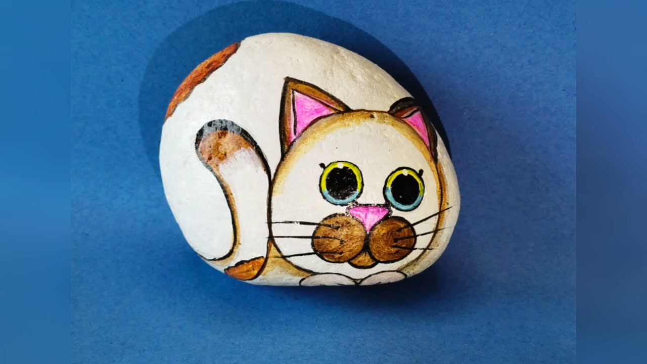 How To Paint Cat On a Rock /  Easy Way to Paint Cat / Simple Way to Paint Cat / Acrylic Cat Painting