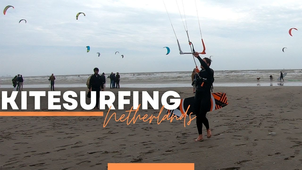 Kite boarding or kite surfing  in IJmuiden, Netherlands