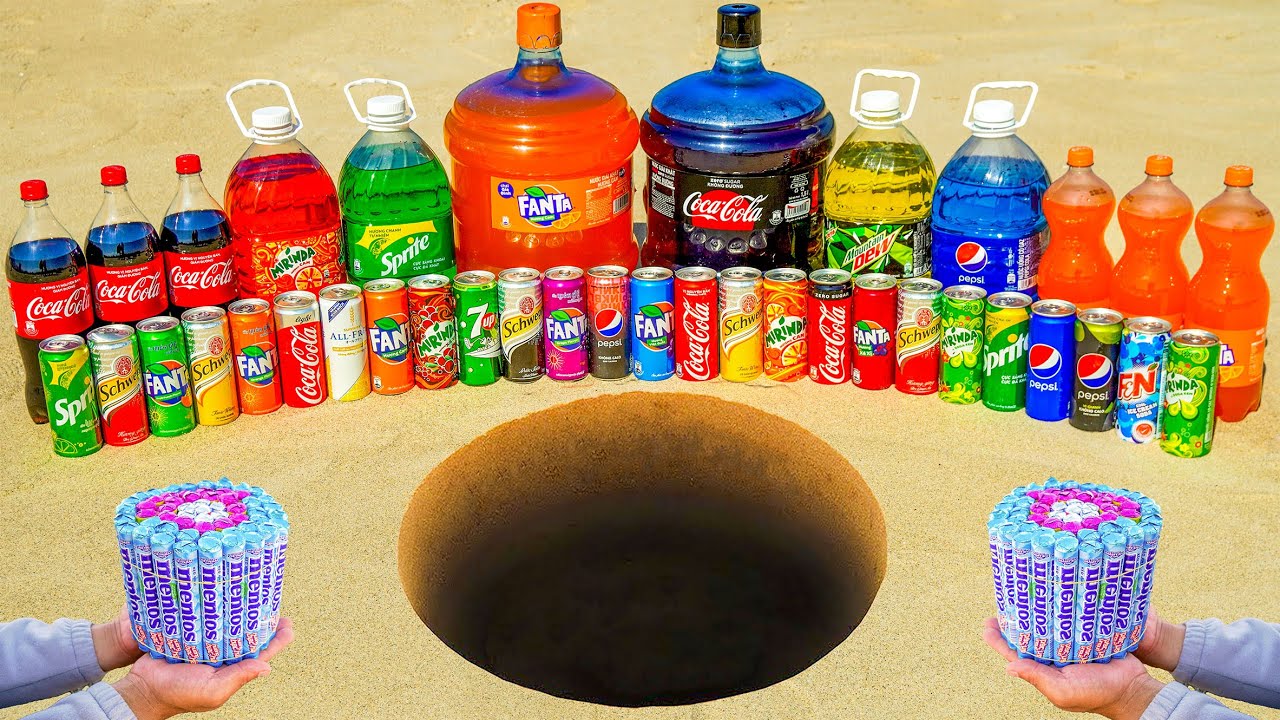 Experiment: Giant Fanta, Coca Cola, Big Pepsi, Mtn Dew, Mirinda, Sprite and Mentos in Underground