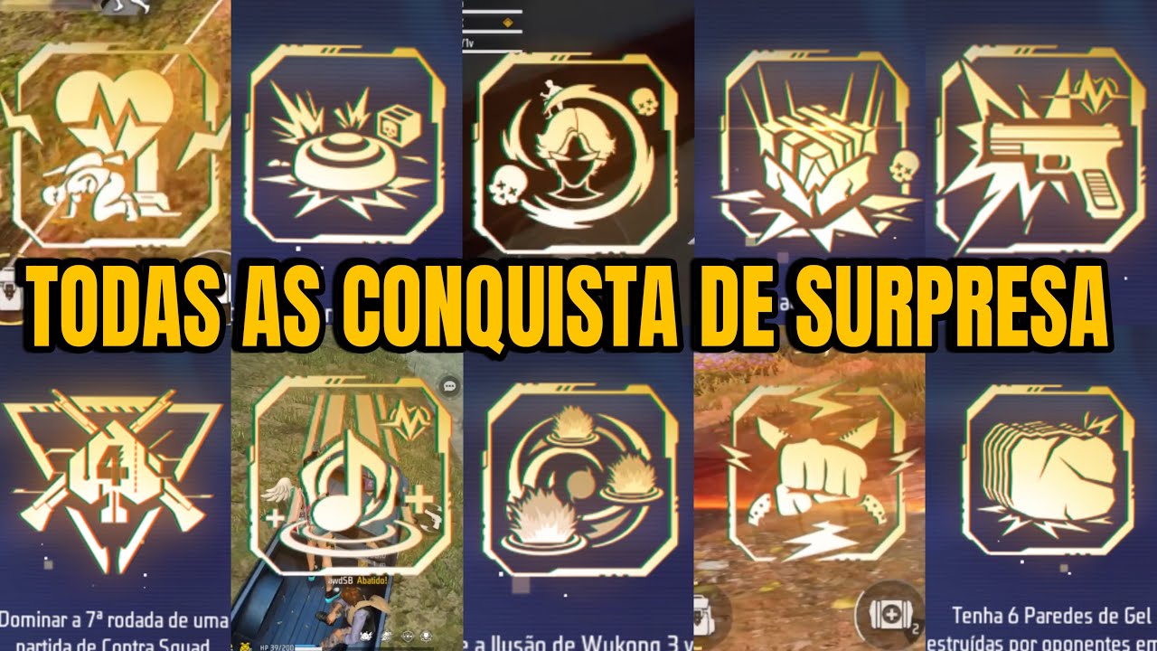 SAIBA TODAS AS CONQUISTA DE SURPRESA FREE FIRE-11 CONQUISTAS DE SURPRESA-PEGUE EMOTE BANHO DE SOL!!
