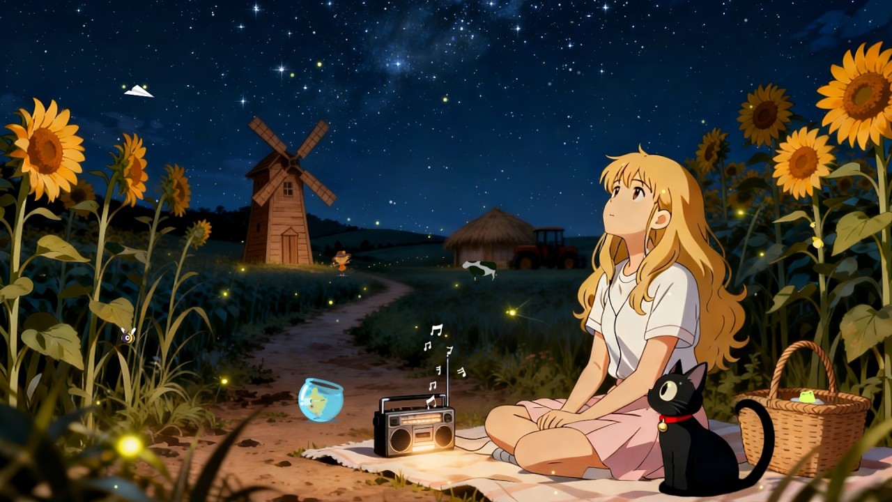 Stargazing in the Sunflower Field 🌻 Summer Night Ghibli Lofi Jazz ✨ Relaxing Jazz Music for Sleep