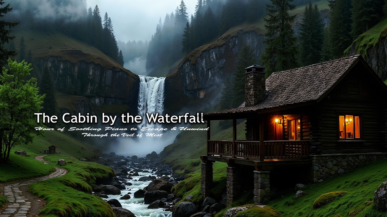 Enchanted Cabin in the Misty Mountains | Relaxing Music With Waterfall Sound