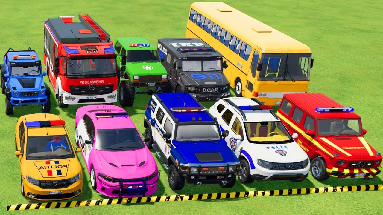 TRANSPORTING POLICE CARS, AMBULANCE, FIRE TRUCK, COLORFUL CARS WITH TRAIN -FARMING SIMULATOR 22!