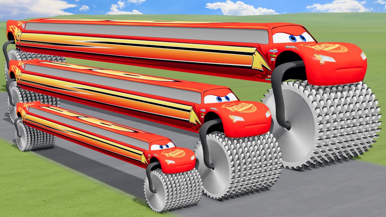 Big & Small Long Lightning Mcqueen Double Monster Saw Wheels vs Trains | BeamNG.drive