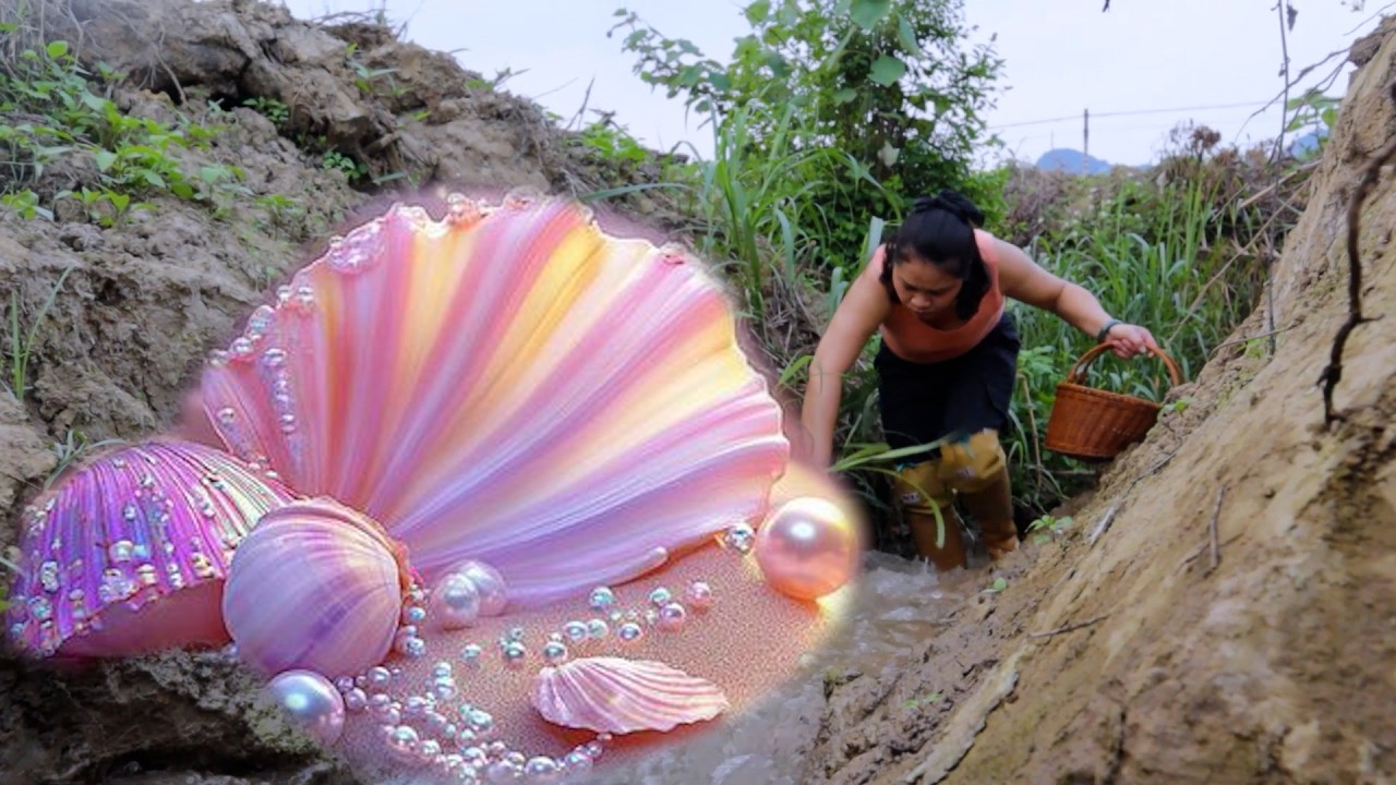 The girl is collecting pearls, clams, and treasures in the mountain ditch