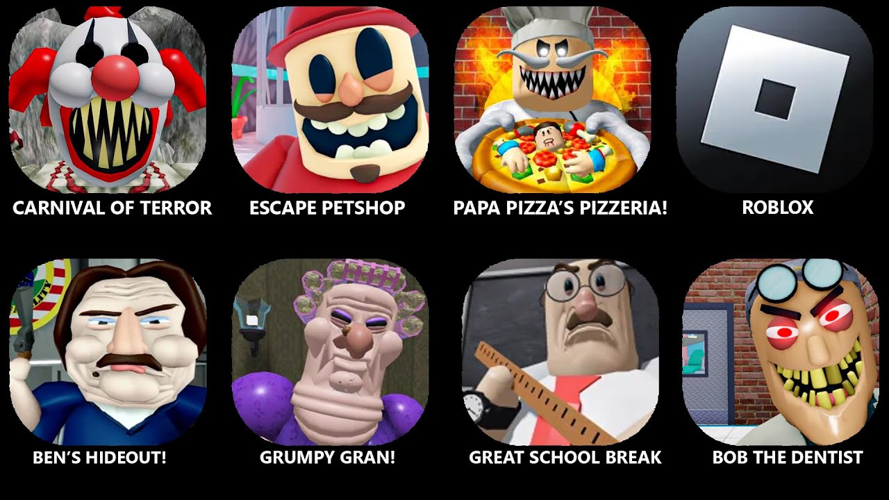 ROBLOX:THE CARNIVAL OF TERROR OBBY!,ESCAPE THE PETSHOP (FIRST PERSON OBBY),GREAT SCHOOL BREAKOUT!...