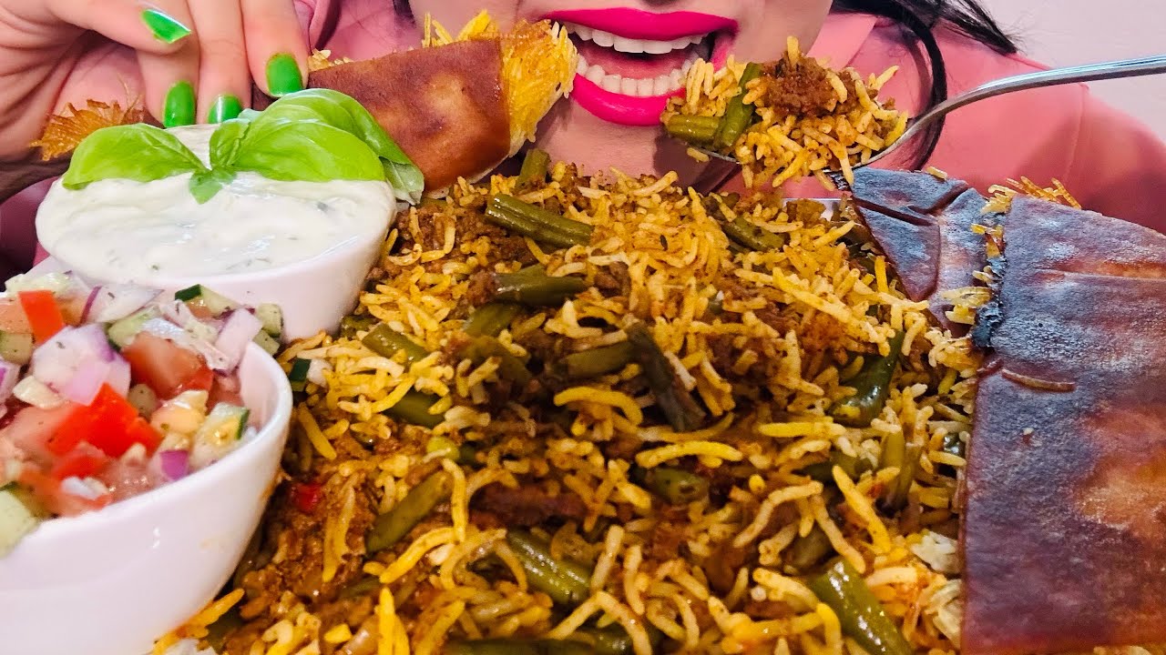 Mukbang Lubia polo (Persian green beans rice)| موکبانگ لوبیا پلو با ته دیگ، سالاد شیرازی و ماست خیار