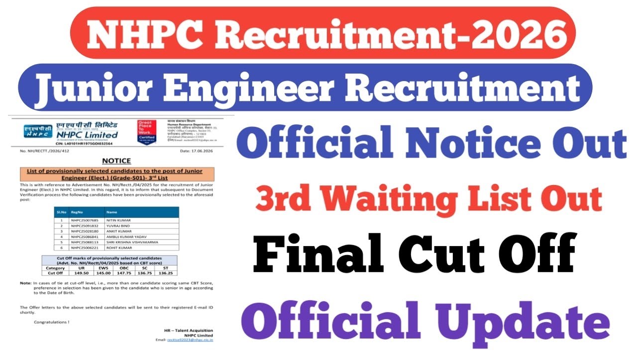 NHPC JE Official Notice Out||3rd Waiting List Out||Official Cut Off||EE, ME & CE||