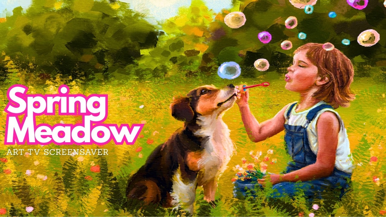 Impressionist Spring Framed Screensaver, Dreamlke Puppy Bubbles and  Wildflowers Art Tv (1 Hour)