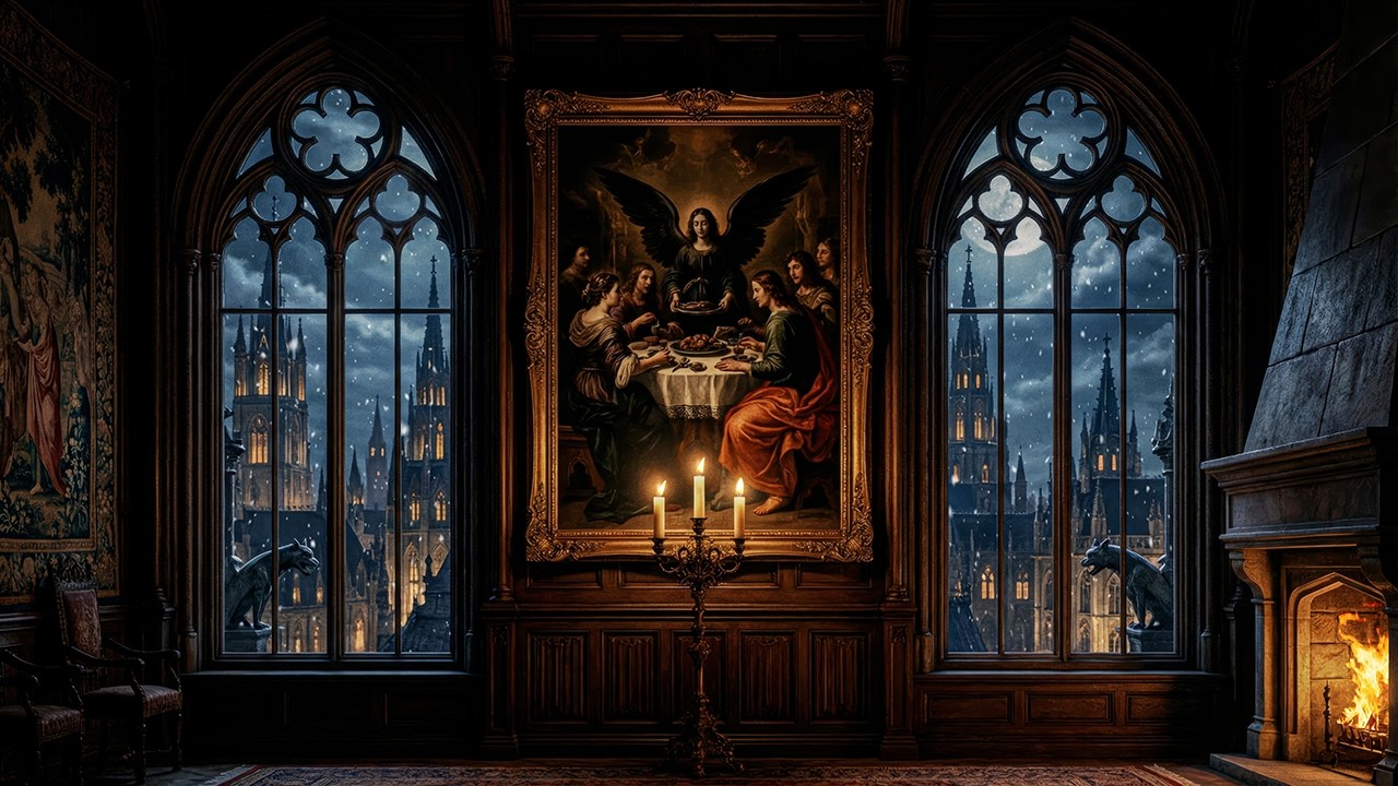 Gothic Study Room Ambience with Fireplace & Snow | Dark Academia Focus & Night Work Music (1 Hour)