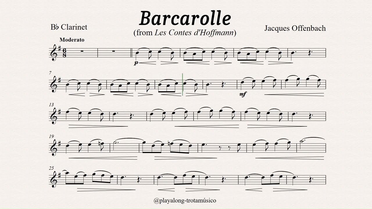 Clarinet Playalong - Barcarolle Les Contes d'Hoffmann (Offenbach) Bb sheet music with accompaniment