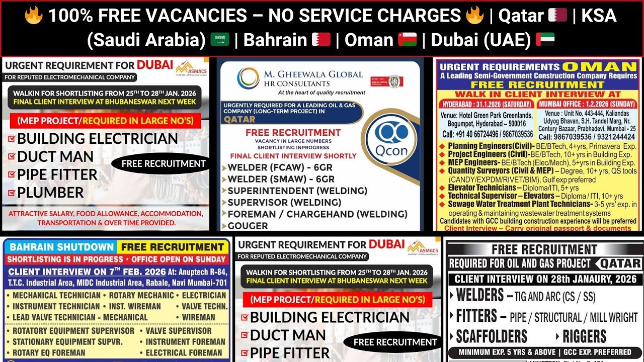 100% FREE VACANCY – NO SERVICE CHARGES | Qatar 🇶🇦 | KSA 🇸🇦 | Bahrain 🇧🇭 | Oman 🇴🇲 | Dubai (UAE) 🇦🇪