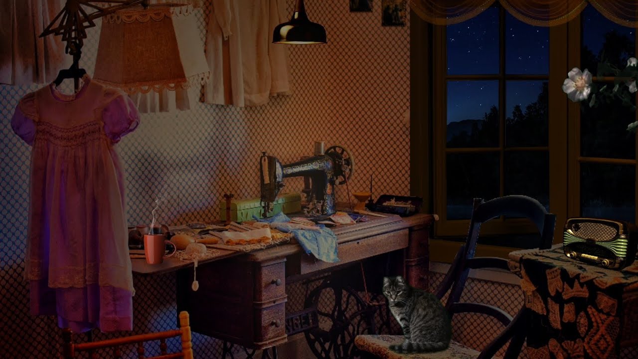 Vintage sewing room ambience🧵 |Sewing, crickets, movie playing in a radio sounds |Alluring Ambience