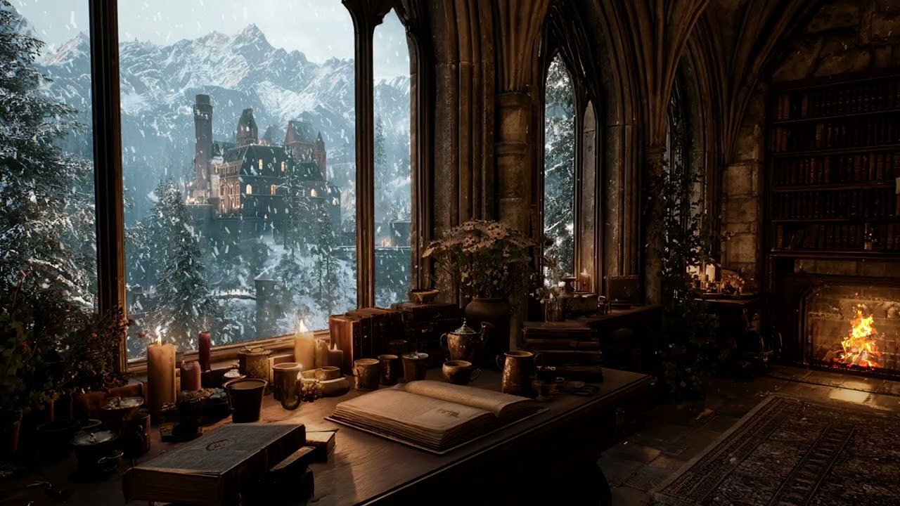 Warm Winter Night Reading Alone by Fireplace | Calm Cozy Ambience Sounds for Focus and Relax