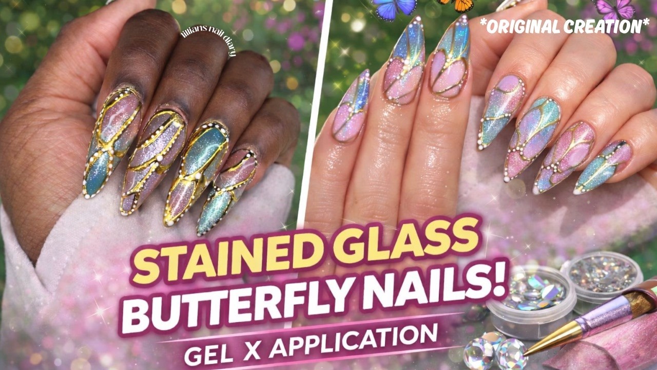 do my nails with me| STAINED GLASS Butterfly Nails🦋✨| Beginner Friendly Gel-X Tutorial