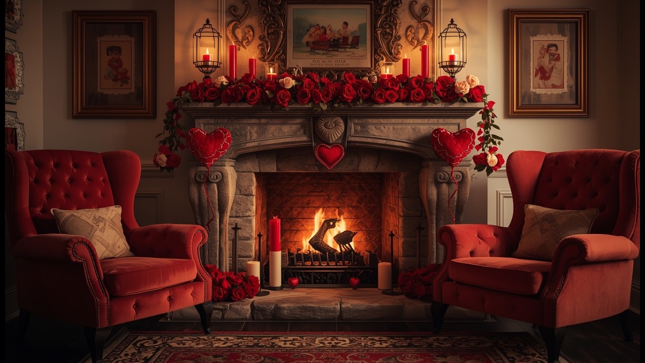 Romantic Valentine Fireplace ❤️ Cozy Love Ambience with Roses & Candles | 3 Hours TV MOOD