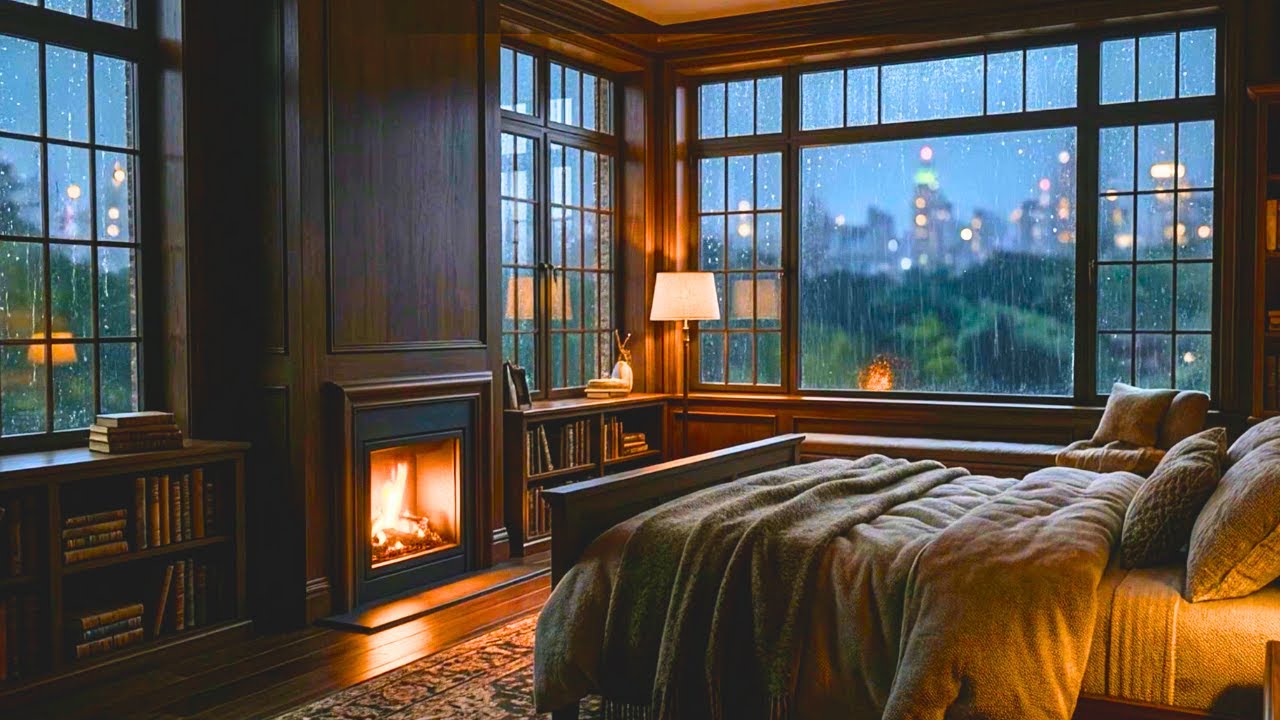 Rainy Upper West Side Bedroom Ambience | Overlooking Central Park at Night, Fireplace (10 Hours)