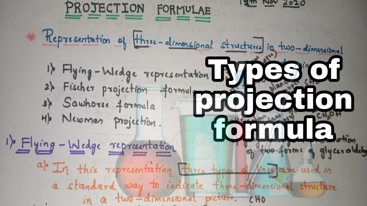 Types of projection formula |flying-wedge, Fischer projection, Sawhorse formula, Newman projection|