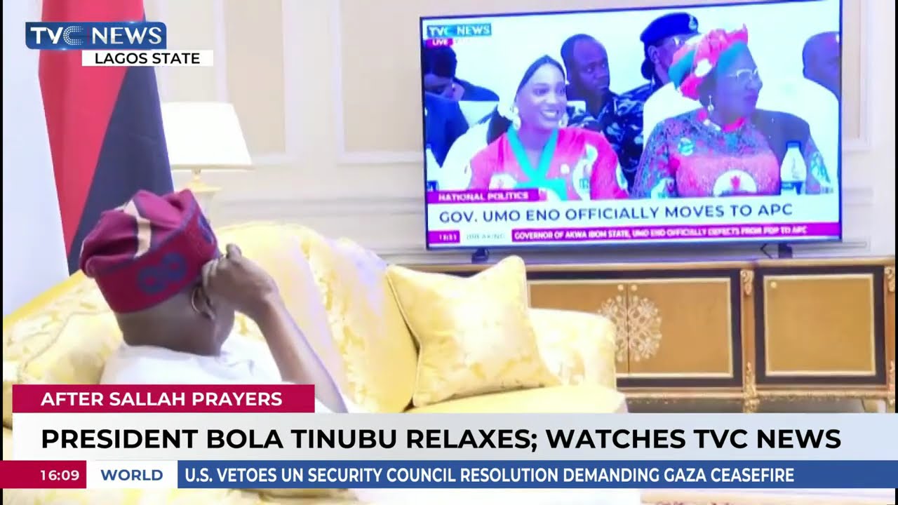 Pres. Tinubu Relaxed While Watching Gov. Umo Eno of Akwa Ibom Announce His Move from PDP to APC