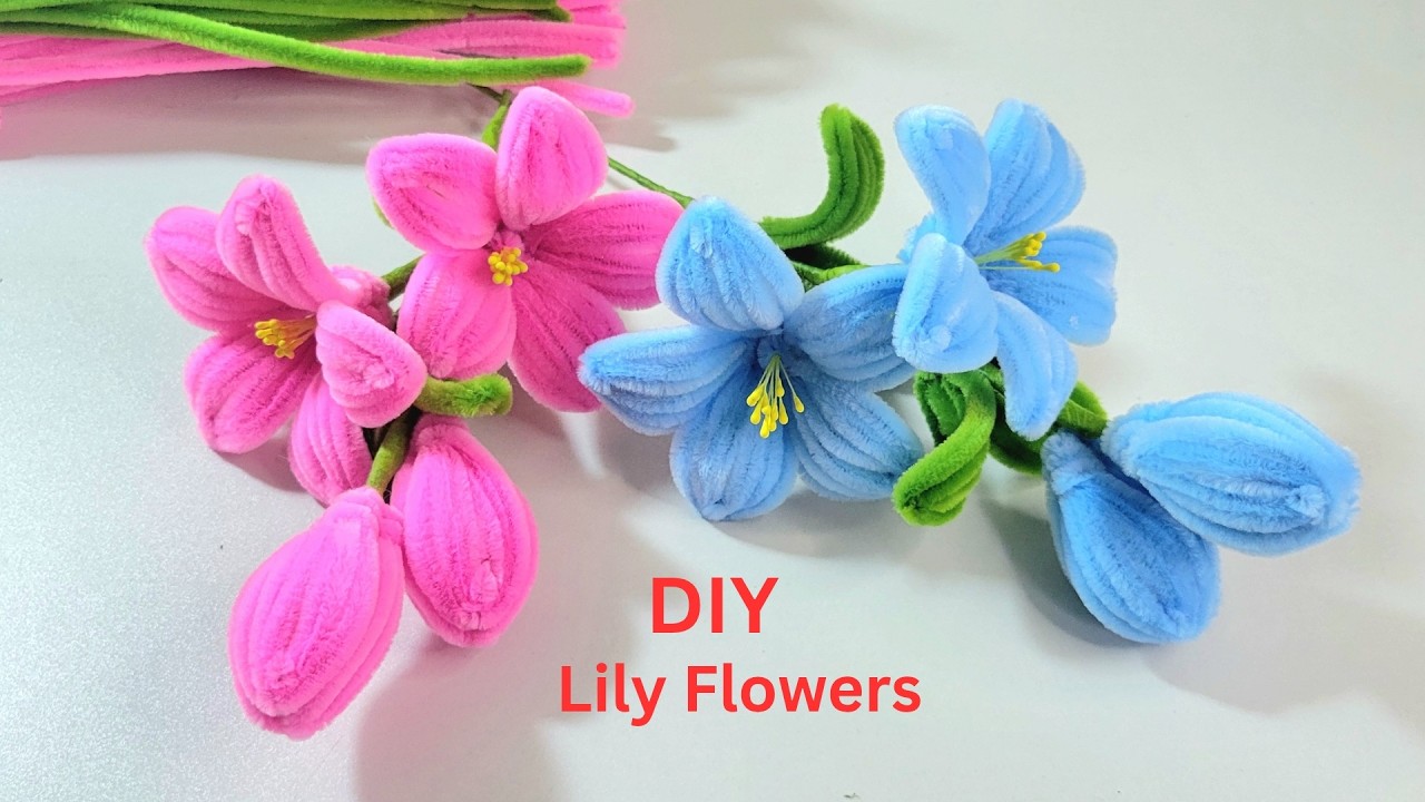 How to Make Pipe Cleaner Beautiful Lily Flowers | Pink & Blue Chenille Easy Lily  Bouquet Flowers.