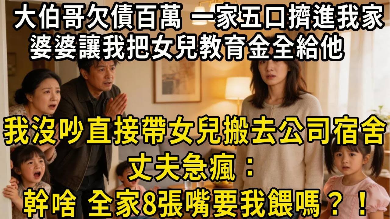 大伯哥欠債百萬，一家五口擠進我家，婆婆讓我把女兒教育金全給他，我沒吵直接帶女兒搬去公司宿舍，丈夫急瘋：幹啥，全家8張嘴要我餵嗎？！#中老年生活#為人處世 #生活經驗 #情感故事
