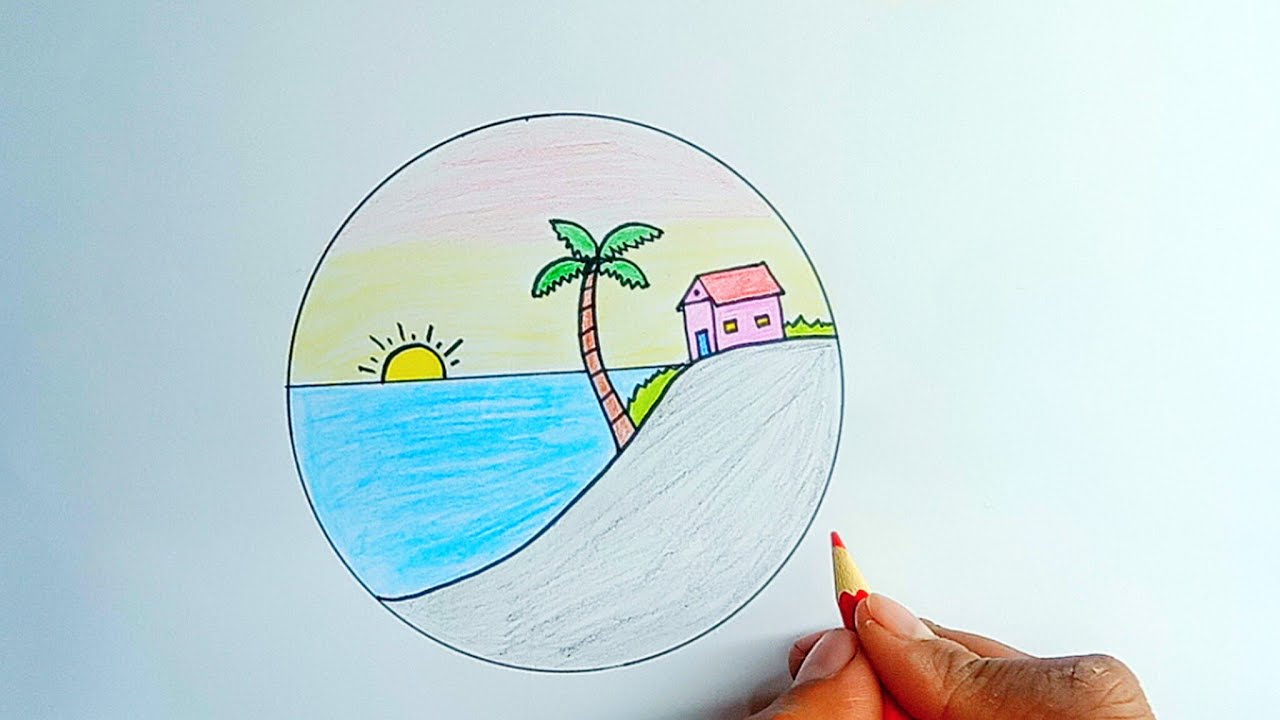Easy Sunset Beach Drawing | Simple Scenery Drawing for Beginners