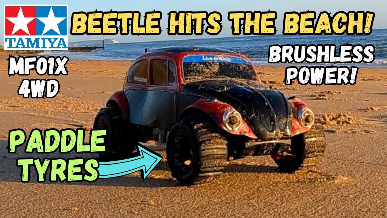 Tamiya Beetle Hits the Beach!  Brushless MF-01x with paddle tyres