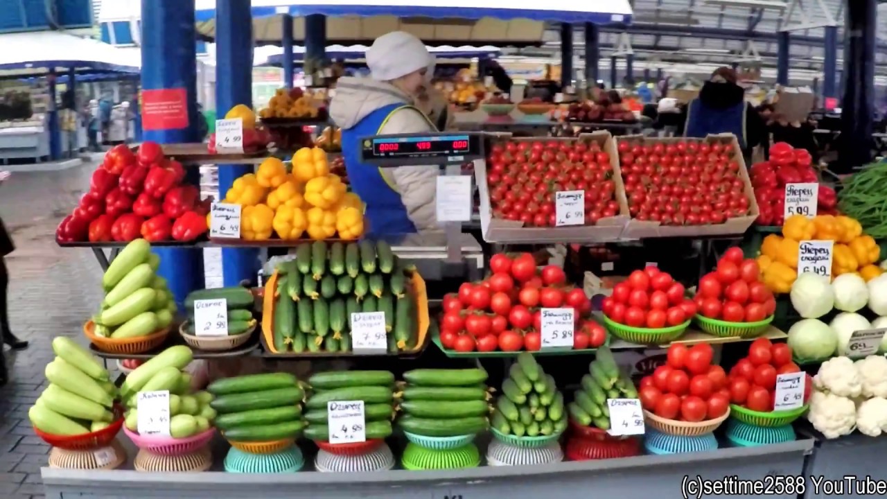 A walk in the Biggest Food Market of Belarus, in Minsk. Traditional Russian Food Market