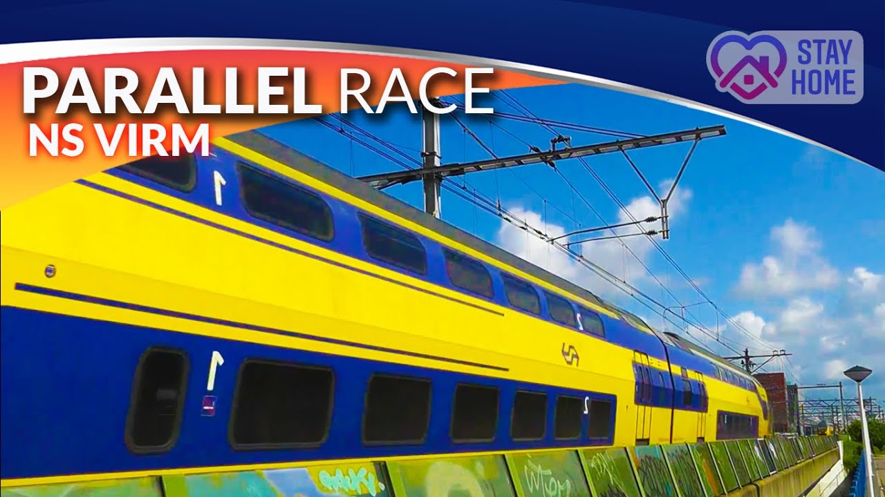 NS VIRM Parallel Train Race Action :: double-deck trains by EMU Nederlandse Spoorwegen
