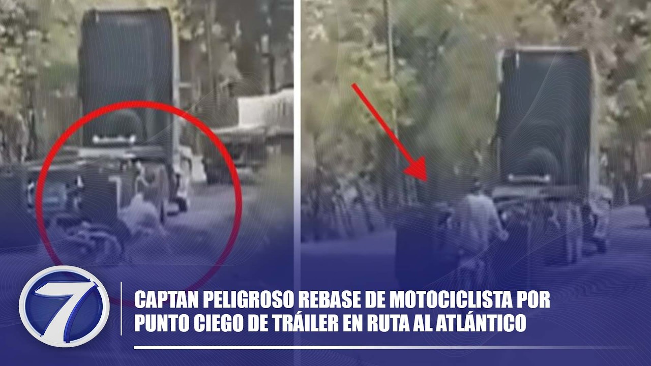 Captan peligroso rebase de motociclista por punto ciego de tráiler en ruta al Atlántico