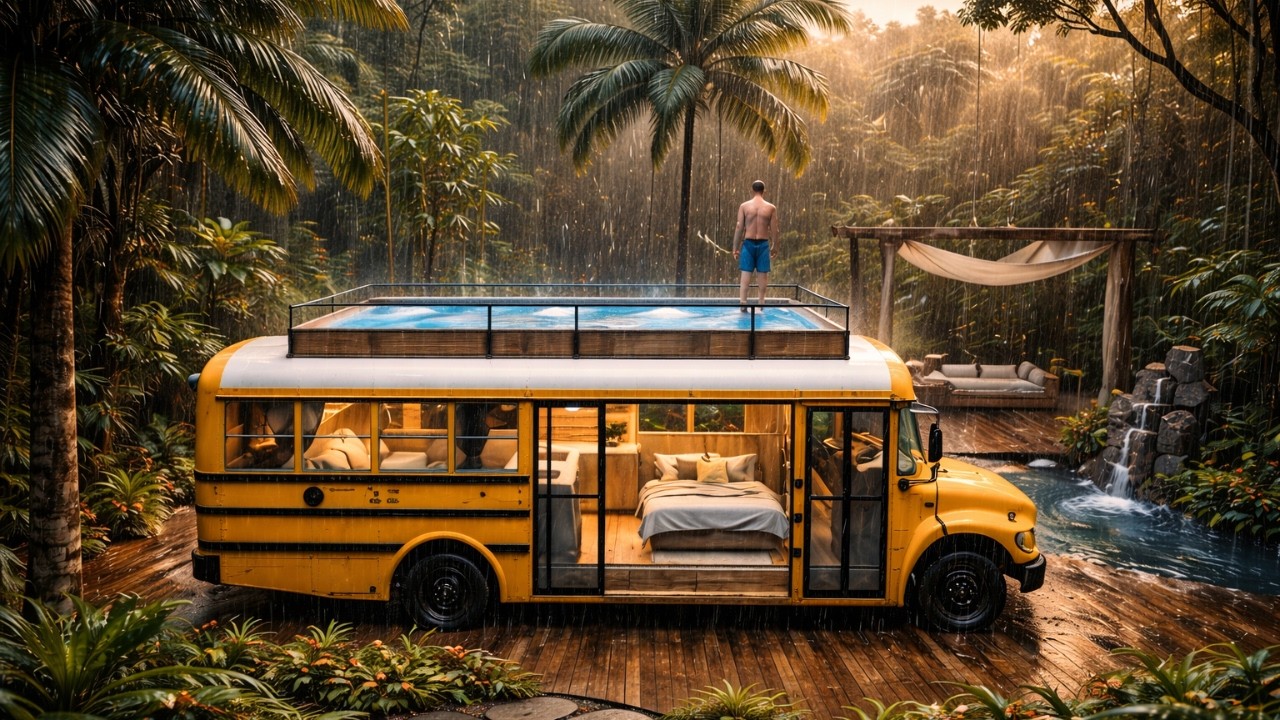 I Built a Secret Bus Home in the Jungle – Heavy Rain ASMR Build