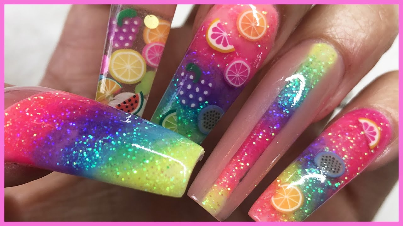 FRUIT SALAD NAILS | COLOUR BLOCK ACRYLIC AND FRUIT FIMO RAINBOW |  GLITTER PLANET UK