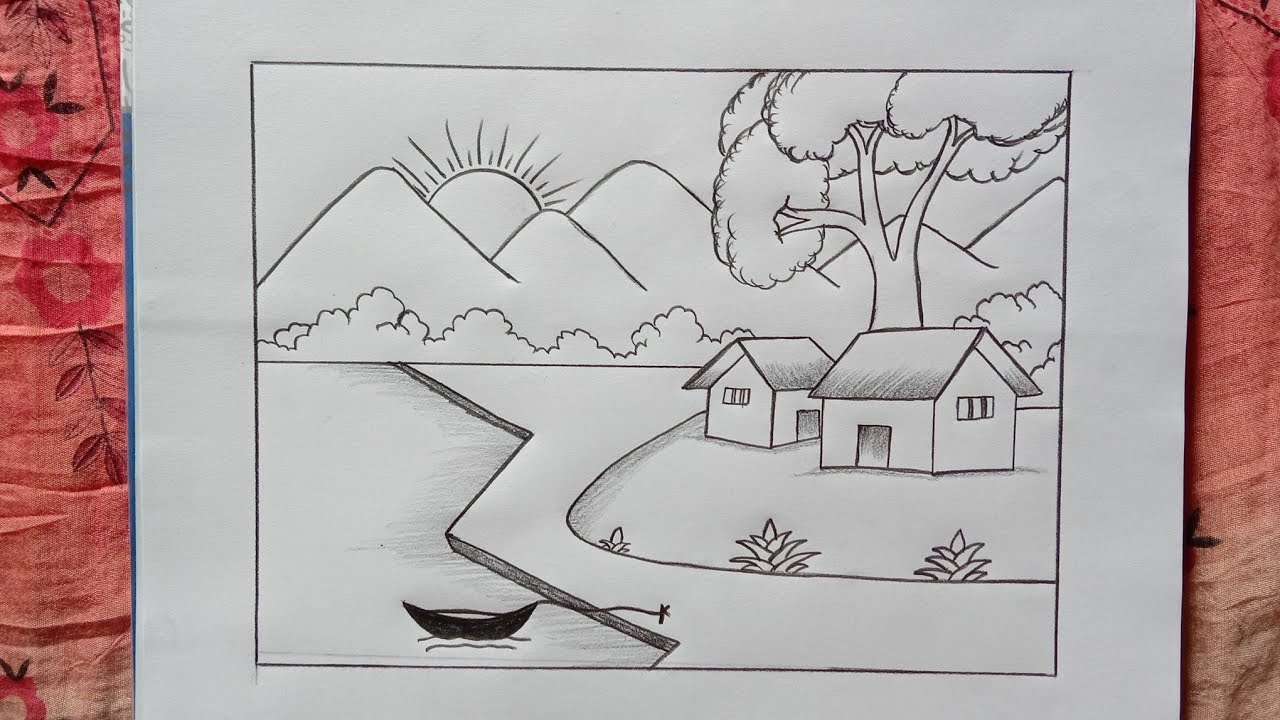 How to draw a village scenery easy।। Village scenery drawing with pencil।। Village drawing easy