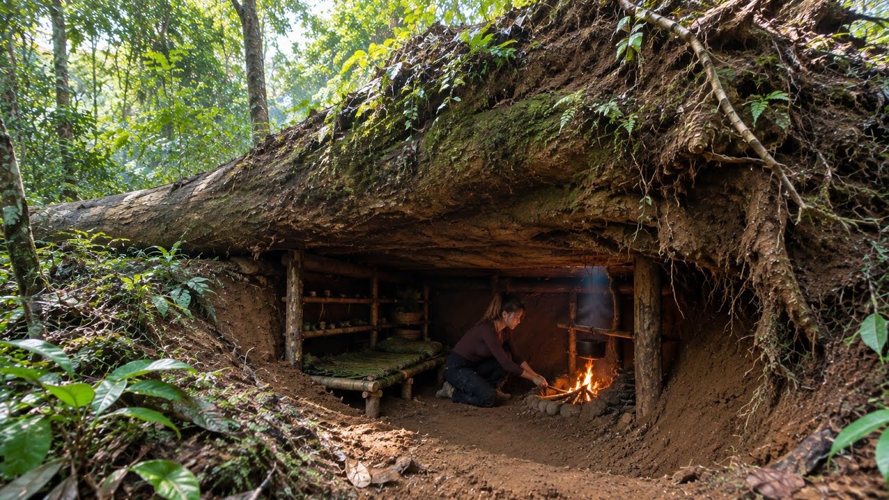 Solo Bushcraft | Building a Cozy Underground Shelter Under a Fallen Tree