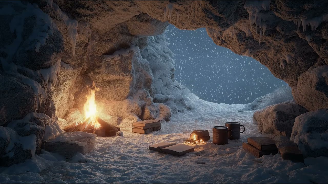 Snowfall Outside a Warm Cave – Fireplace Crackling and Wind Ambience for Relaxation & Sleep