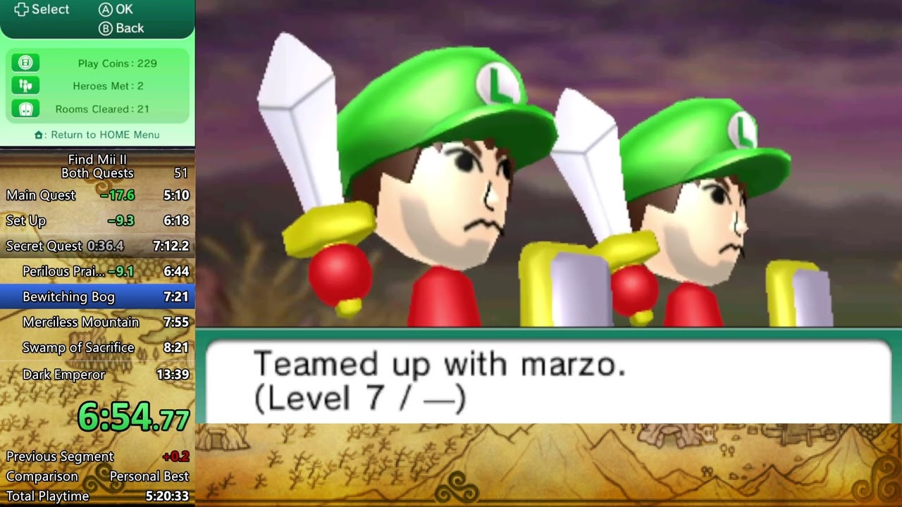 Find Mii II Main Quest & Both Quests WR in 5:10 & 13:36