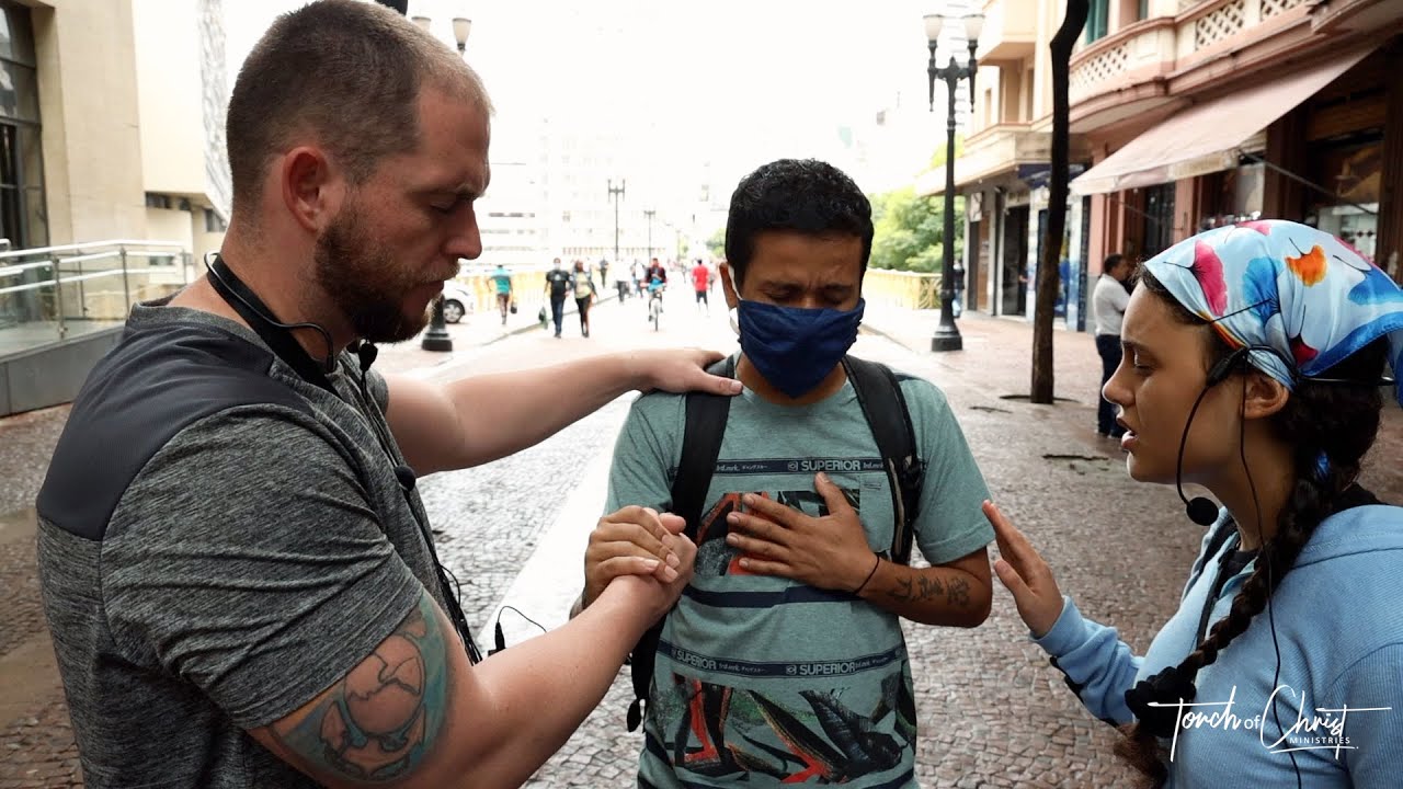 Street preaching Jesus Christ in Sao Bento, Sao Paulo Brazil