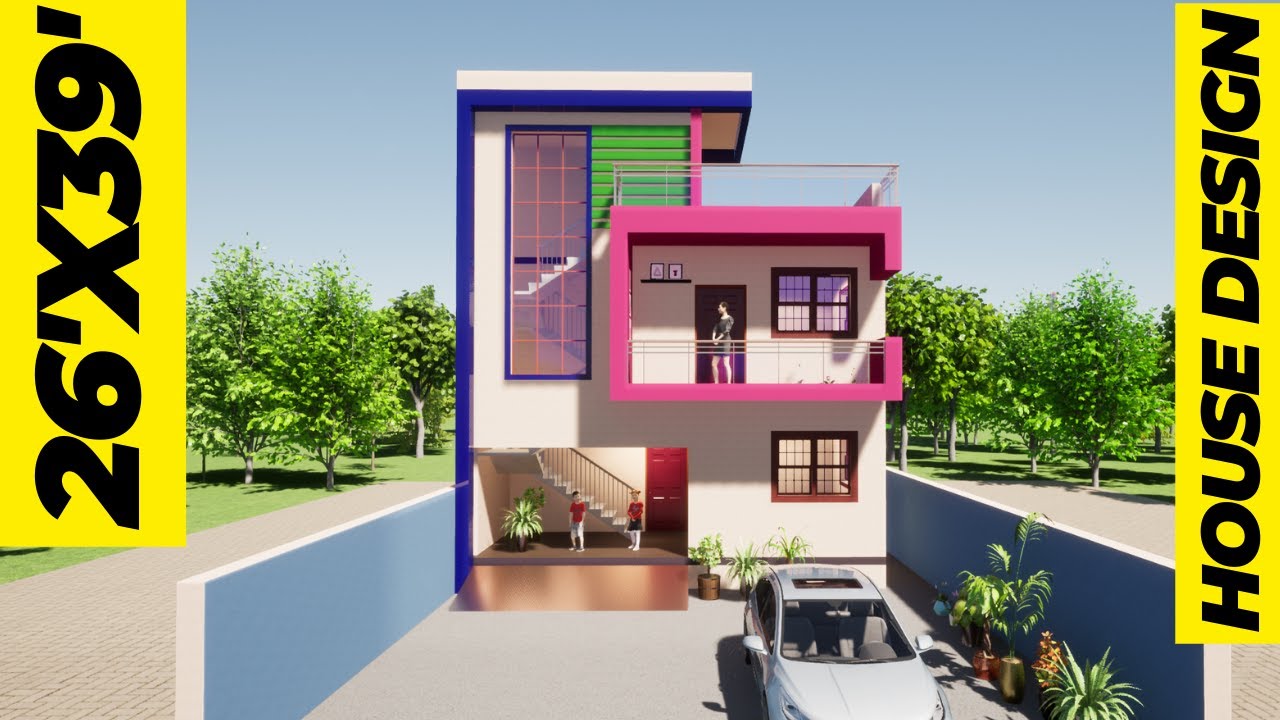 26'X39' HOUSE DESIGN ALONG WITH 4 SIDE ELEVATION DETAILS AND 3D CUT PLAN//26'X39' GHAR KA NAKSA//