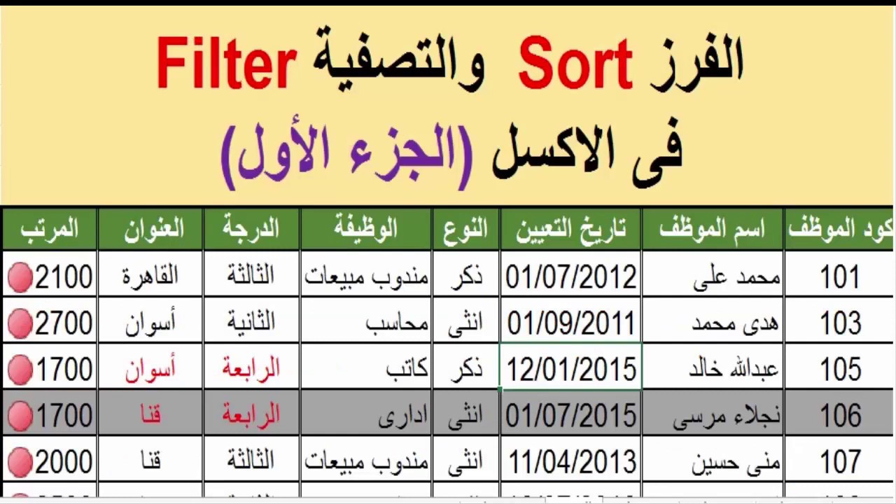 الفرز والتصفية فى الاكسل Sort&filter (الجزء الأول)