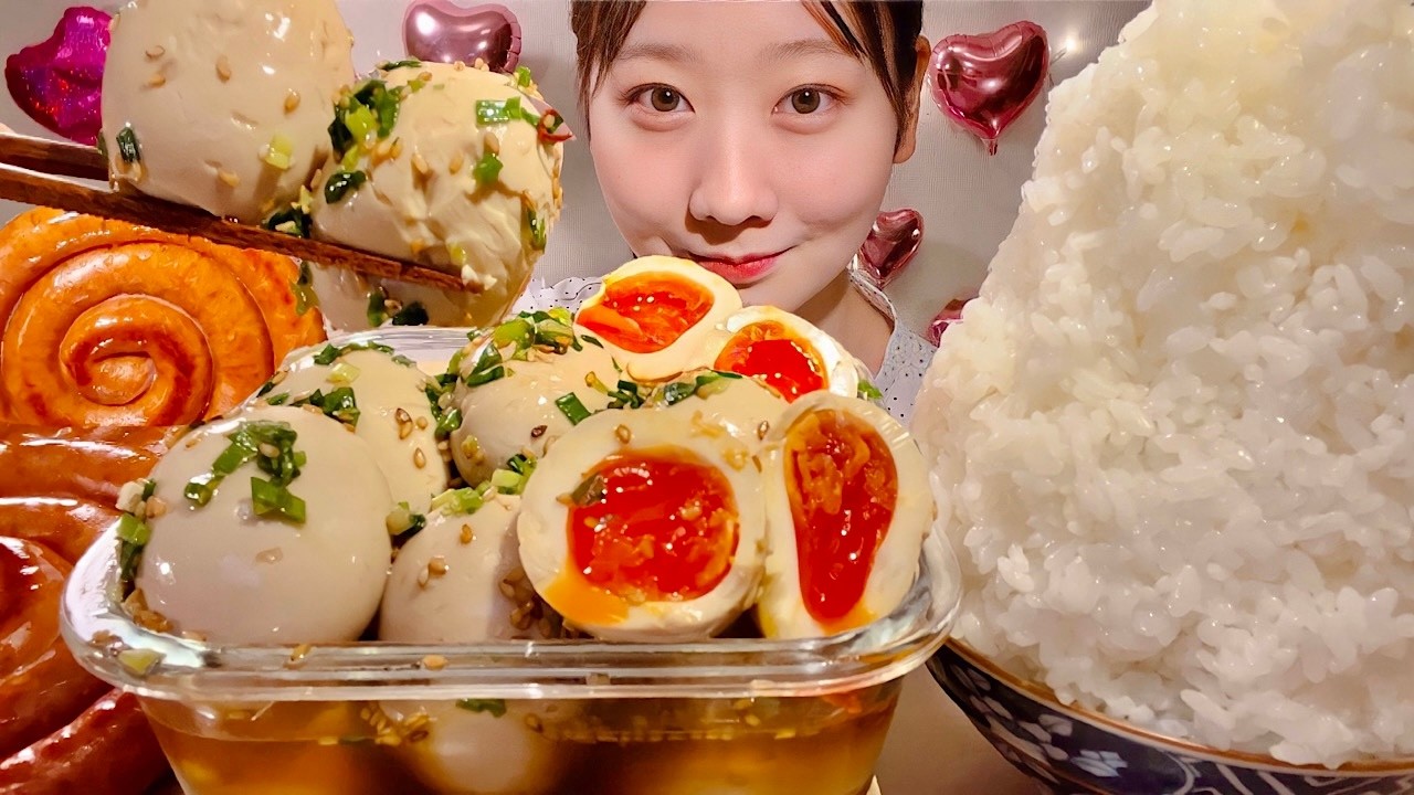 ASMR маринованные яйца в соевом соусе колбаса【русские субтитры】【Mukbang/ Eating Sounds】