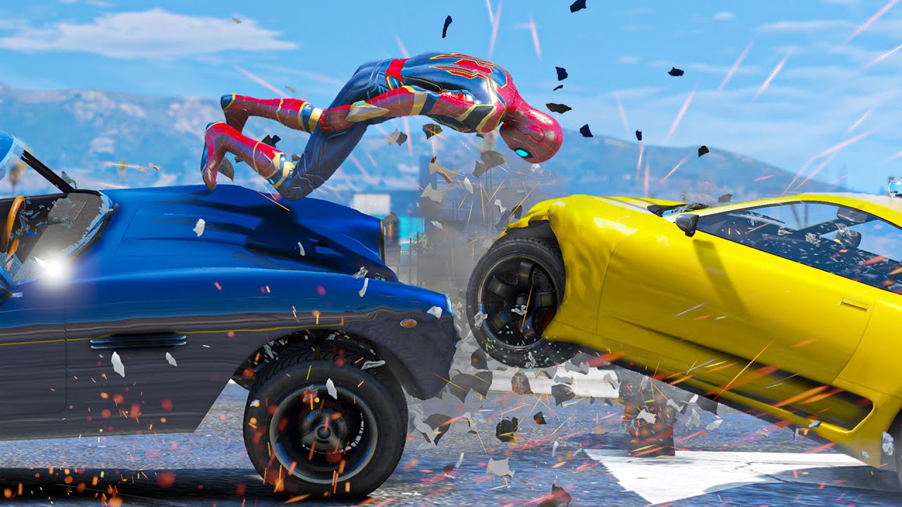 GTA 5 Iron Spiderman Car Crashes - Spider-Man mod Gameplay #13