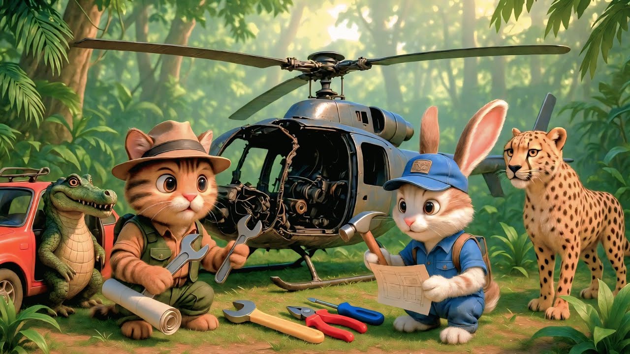 Jungle Animals Repair a Broken Helicopter! 🚁 Cat & Rabbit’s Amazing Tea Adventure | 3D Cartoon Story