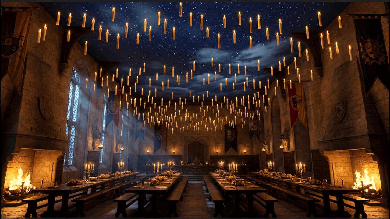 4K Great Hall Ambience 🕯️ Floating Candles & Crackling Fire | 2 Hours of Magical Relaxation