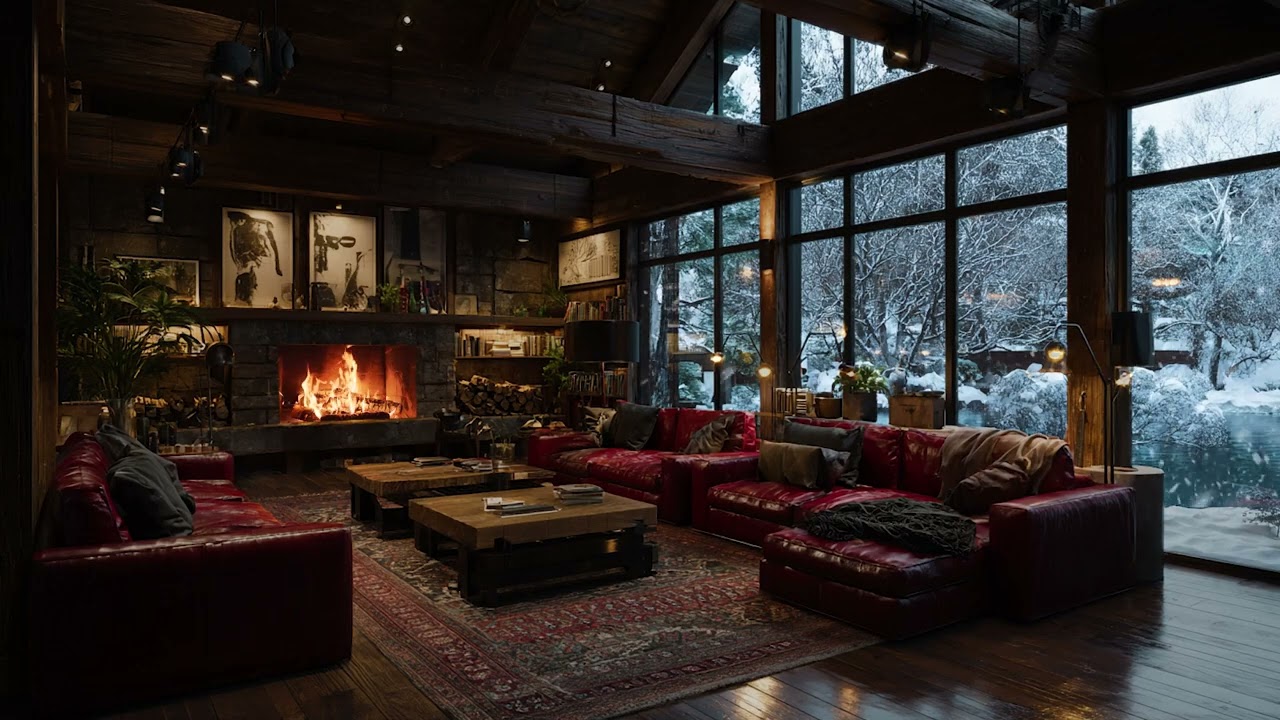 Cold Snow Wind Drifting Outside the Cabin | Warm Fireplace Crackling Sounds for Deep Relaxation