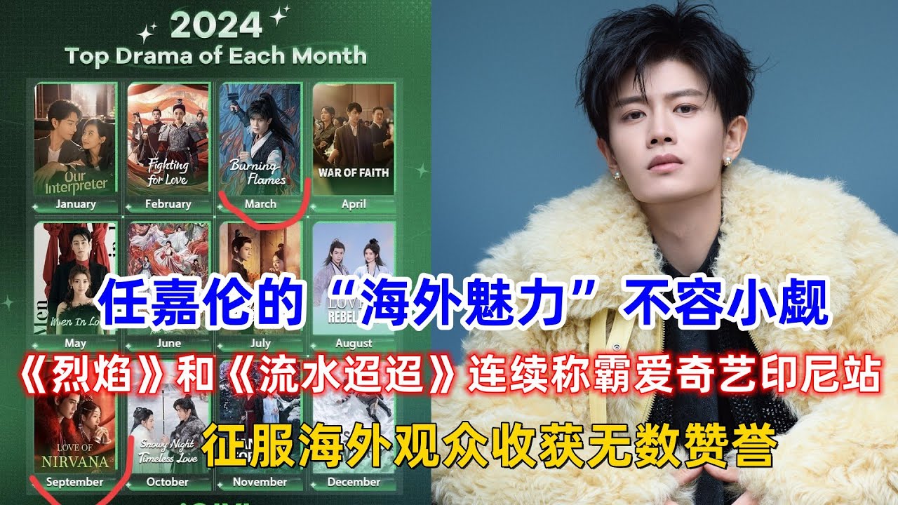 任嘉伦的“海外魅力”不容小觑，《烈焰》和《流水迢迢》连续称霸爱奇艺印尼站，征服海外观众收获无数赞誉！