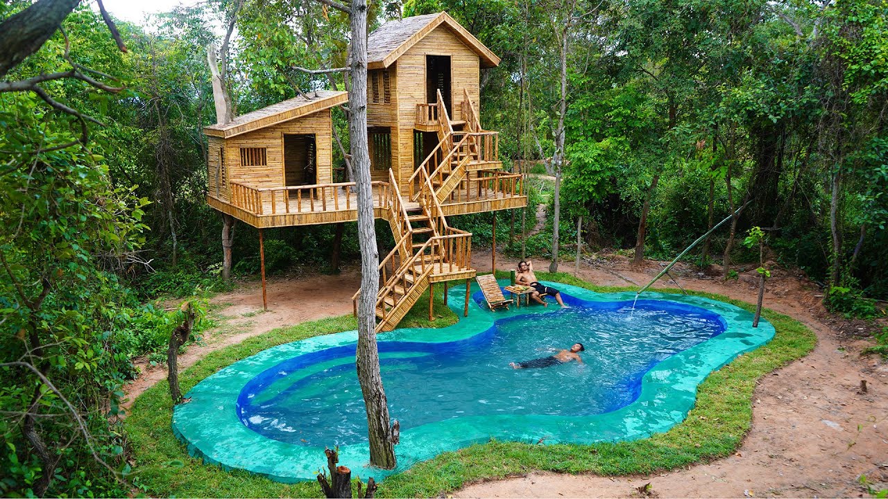 [Full] Build Survival 2-Story Bamboo House With Kitchen  On 4 Giant Tree, Swimming Pool With Cooking