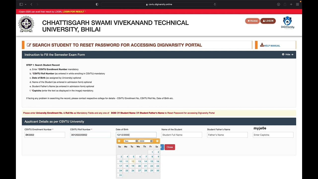 CSVTU Password Reset On Digivarsity Portal