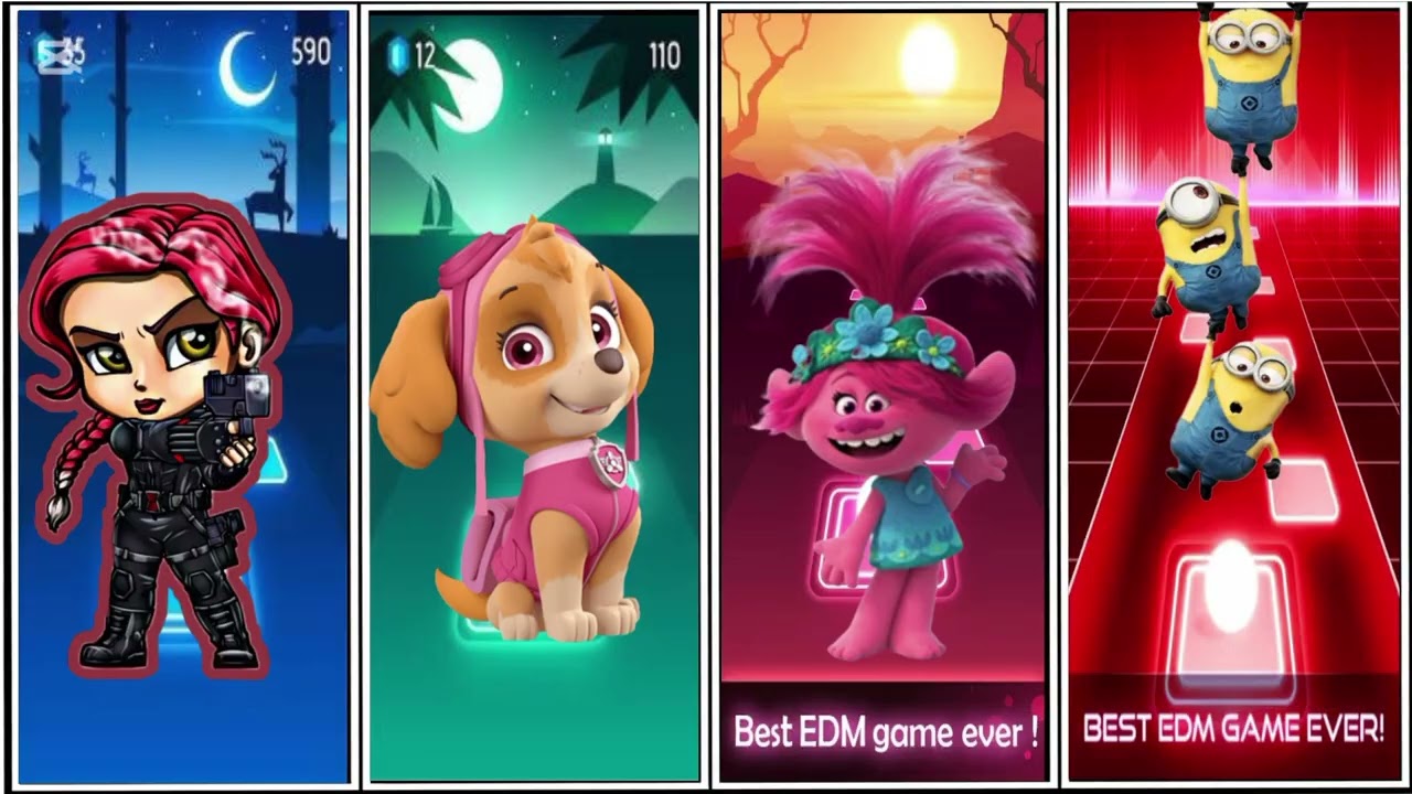 BLACK WIDOW VS PAW PATROL SKY VS TROLLS VS MINIONS VS TILES HOP