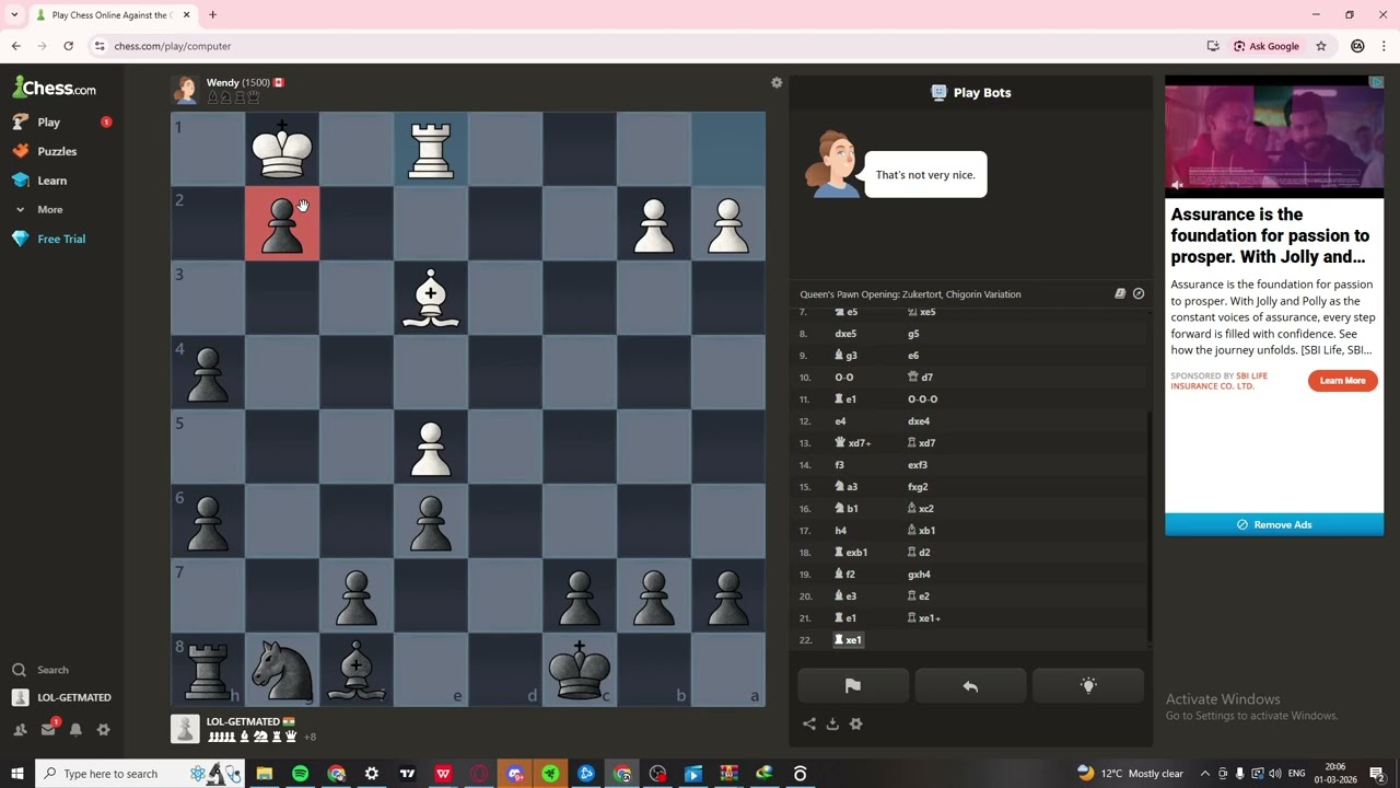 Chess lessons for Sofia part 4- playing against advanced bot