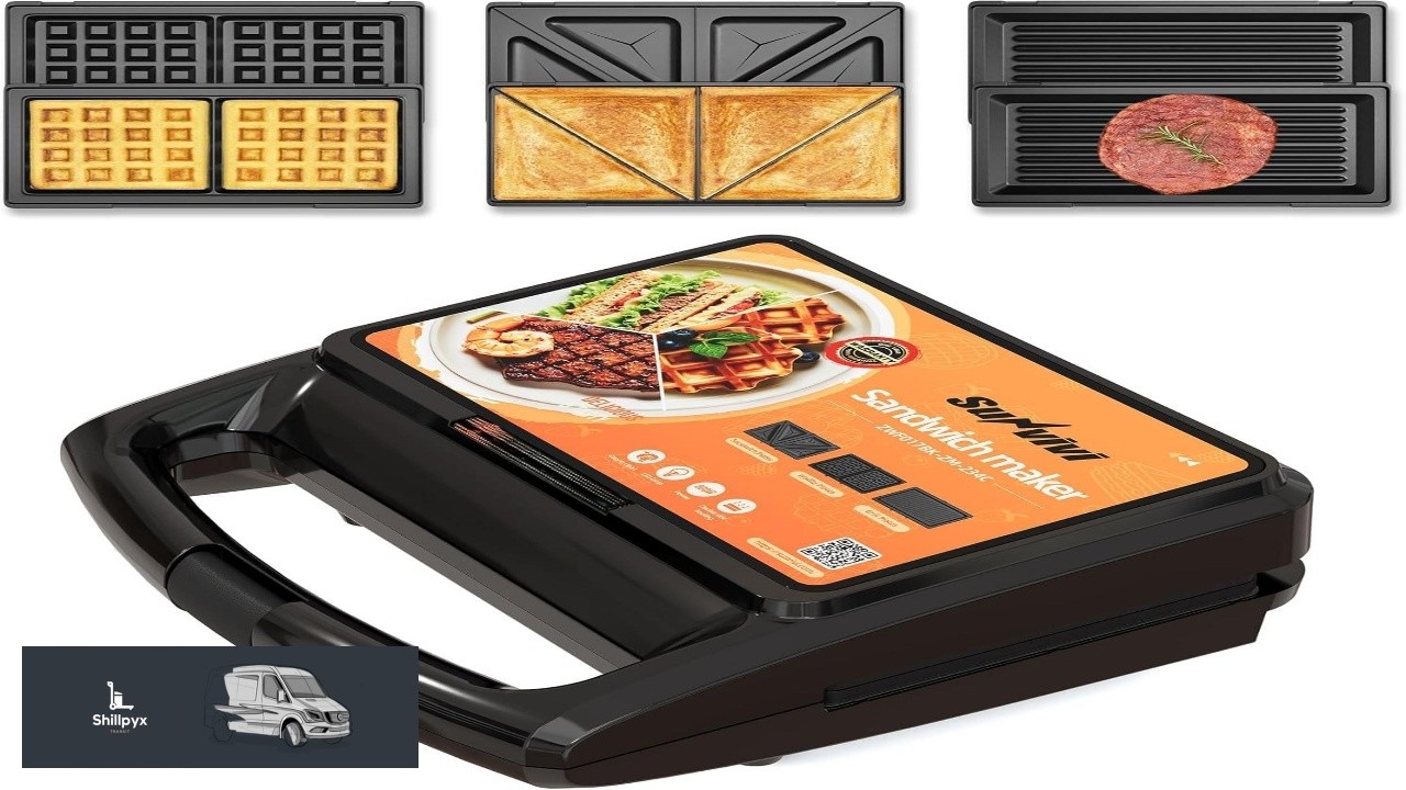 Sunvivi 3 in 1 Sandwich Maker Electric Waffle Maker with Removable Non stick
